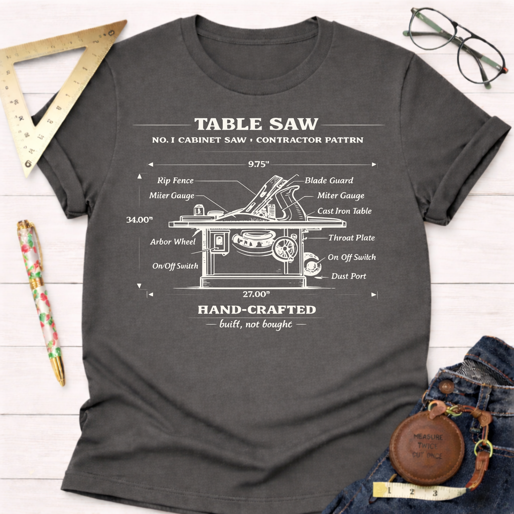 Charcoal gray No. 1 Table Saw Illustration T-Shirt for women, featuring a vintage blueprint graphic.
