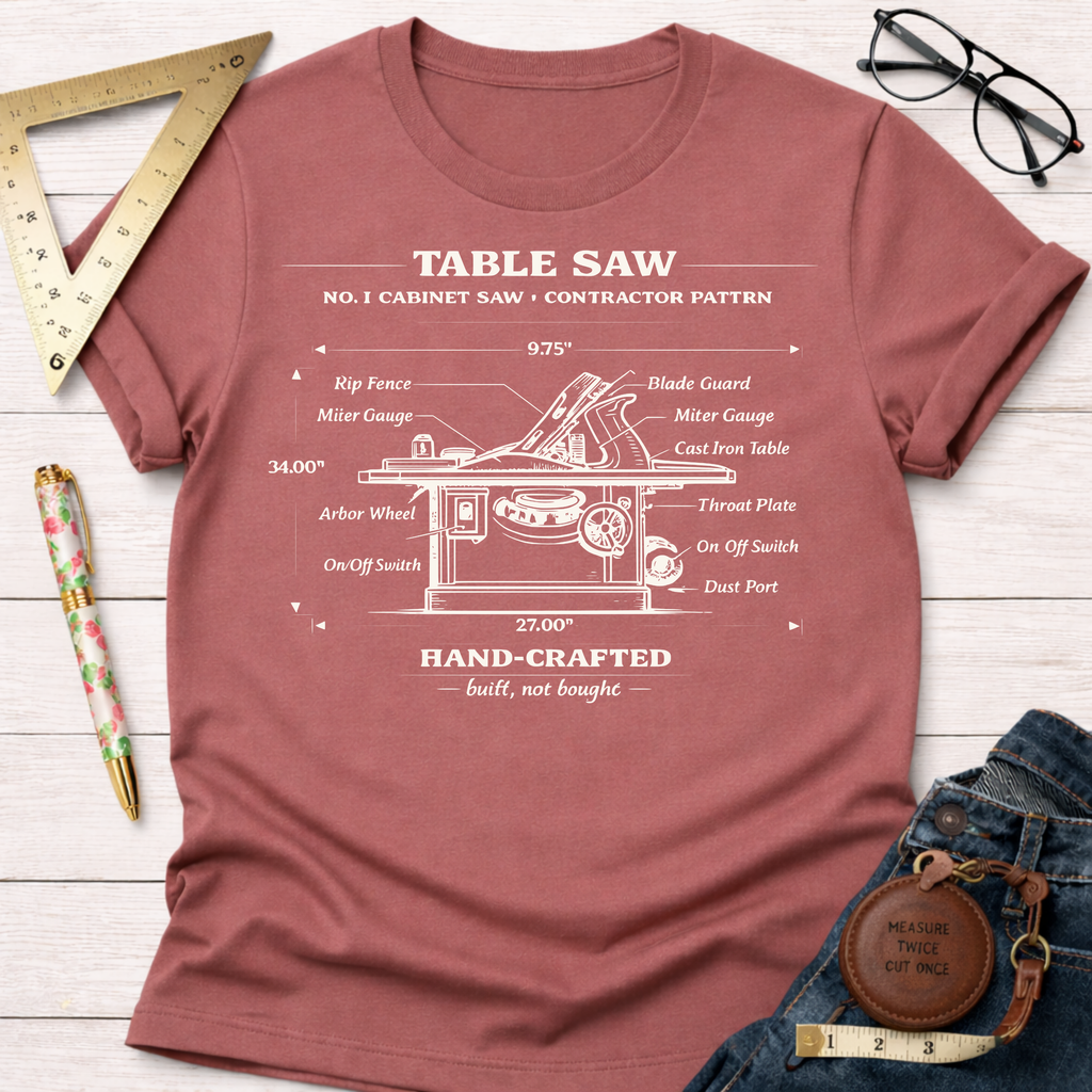 Women's funny woodworking graphic tee shirt for female woodworkers, makers, and DIY builders — Sawdust & Ponytails. Heather red t-shirt with a white vintage table saw blueprint illustration.