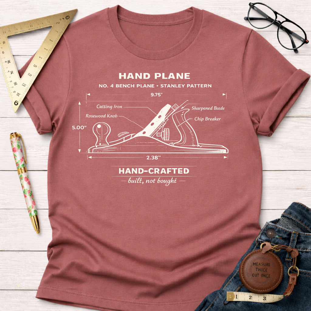 Women's funny woodworking graphic tee shirt for female woodworkers, makers, and DIY builders — Sawdust & Ponytails. Heather clay t-shirt with a white No. 4 bench plane diagram.
