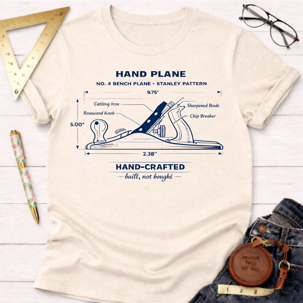 Cream No. 4 Bench Hand Plane illustration tee for women. Sawdust & Ponytails woodworking graphic shirt.