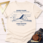 Cream No. 4 Bench Hand Plane illustration tee for women. Sawdust & Ponytails woodworking graphic shirt.