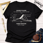 Black women's funny woodworking graphic tee with a white No. 4 bench plane illustration and "Hand-Crafted" text.