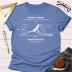 Blue women's funny woodworking graphic tee with a white No. 4 bench plane illustration. Sawdust & Ponytails.