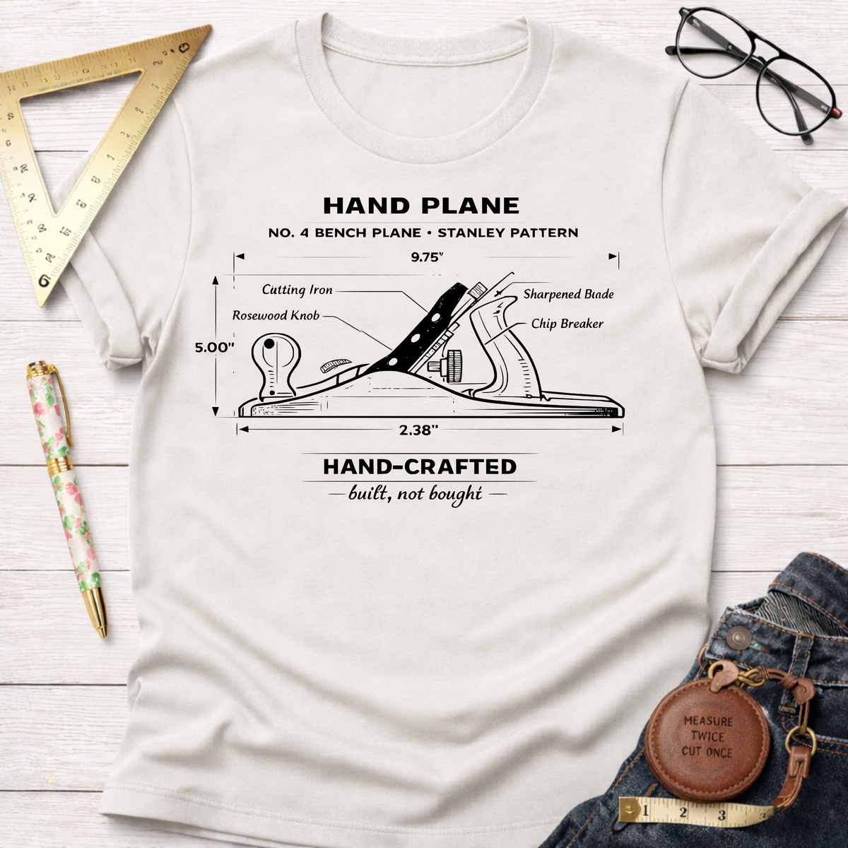 Cream women's tee with a black No. 4 bench plane illustration. Women's funny woodworking graphic tee shirt for female woodworkers, makers, and DIY builders — Sawdust & Ponytails