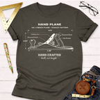 Women's funny woodworking graphic tee shirt for female woodworkers, makers, and DIY builders — Sawdust & Ponytails. Dark gray tee with white No. 4 bench plane illustration.