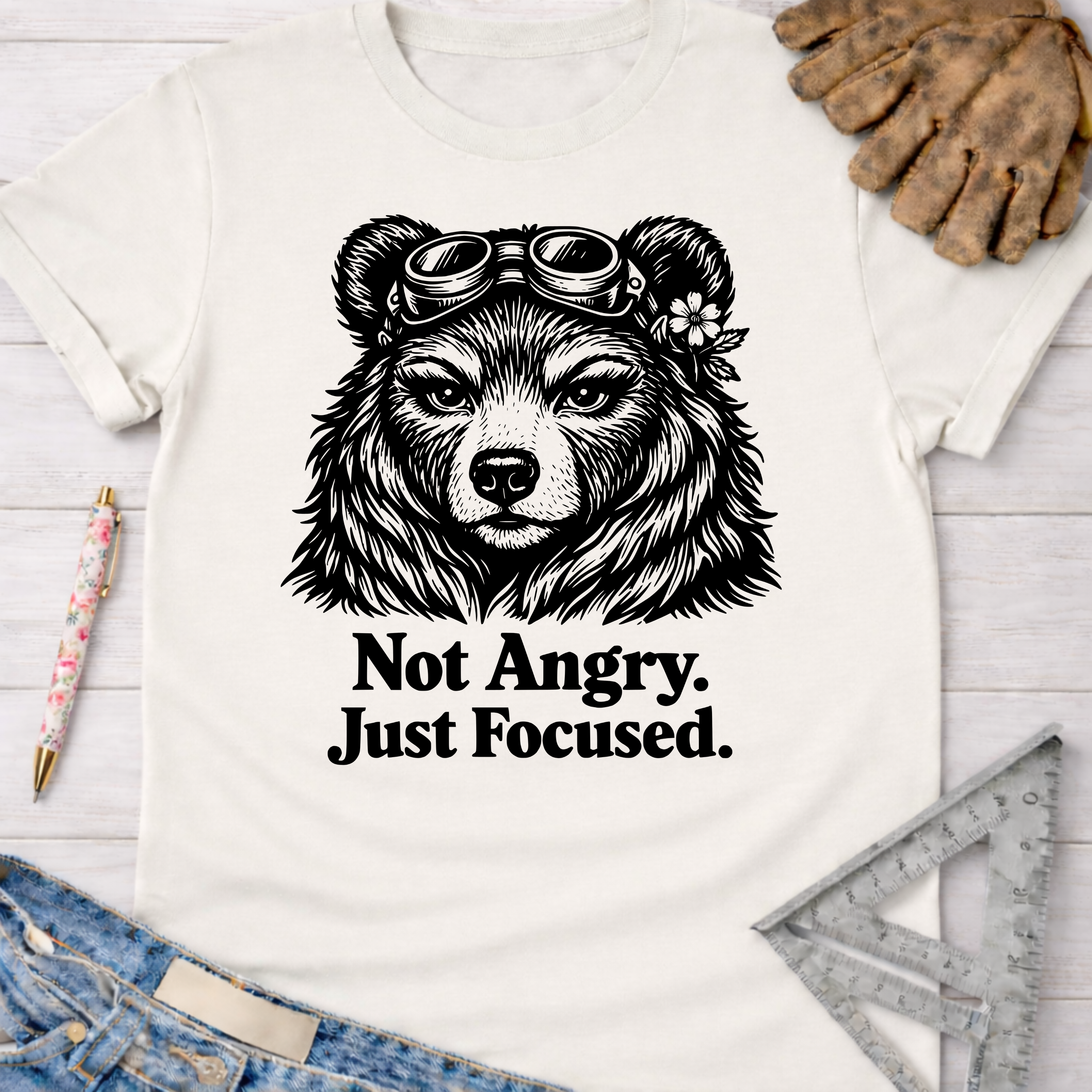 Women's funny woodworking graphic tee shirt for female woodworkers, makers, and DIY builders — Sawdust & Ponytails. White cotton tee with a black graphic of a focused bear wearing goggles and a flower, text "Not Angry. Just Focused.