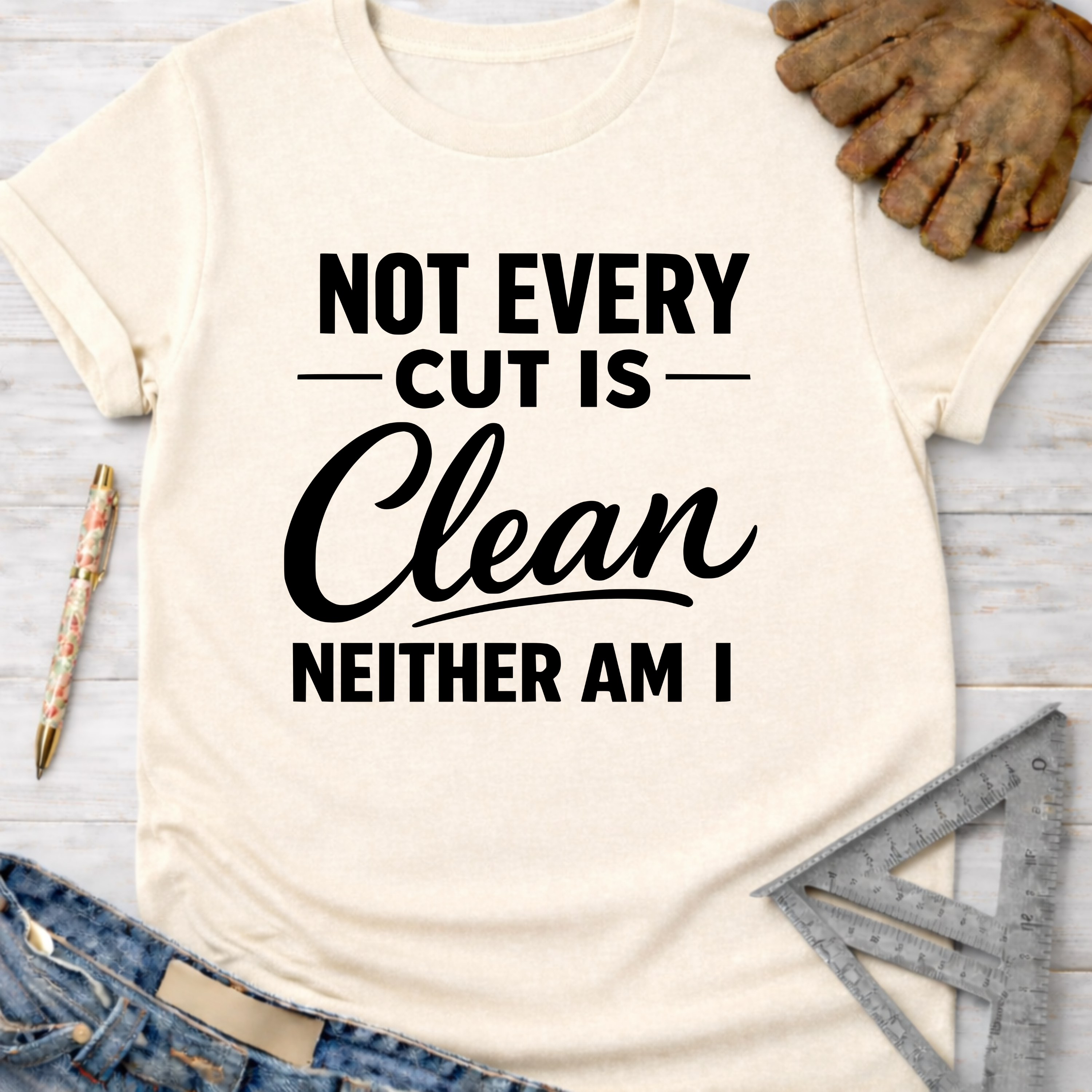 Women's funny woodworking graphic tee shirt for female woodworkers, makers, and DIY builders — Sawdust & Ponytails. Cream t-shirt with "Not Every Cut Is Clean Neither Am I" in black text.