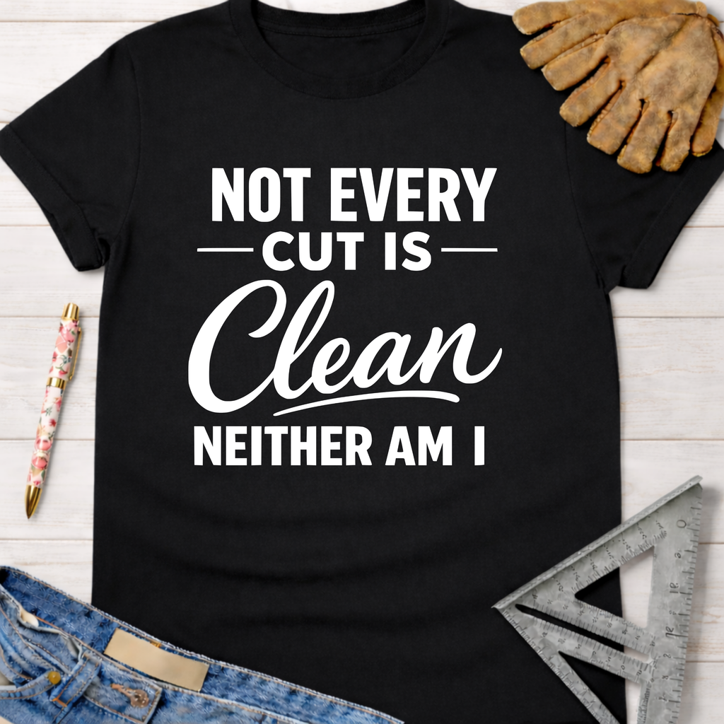 Black cotton t-shirt with "Not Every Cut Is Clean Neither Am I" text. Women's funny woodworking graphic tee shirt for female woodworkers, makers, and DIY builders — Sawdust & Ponytails.