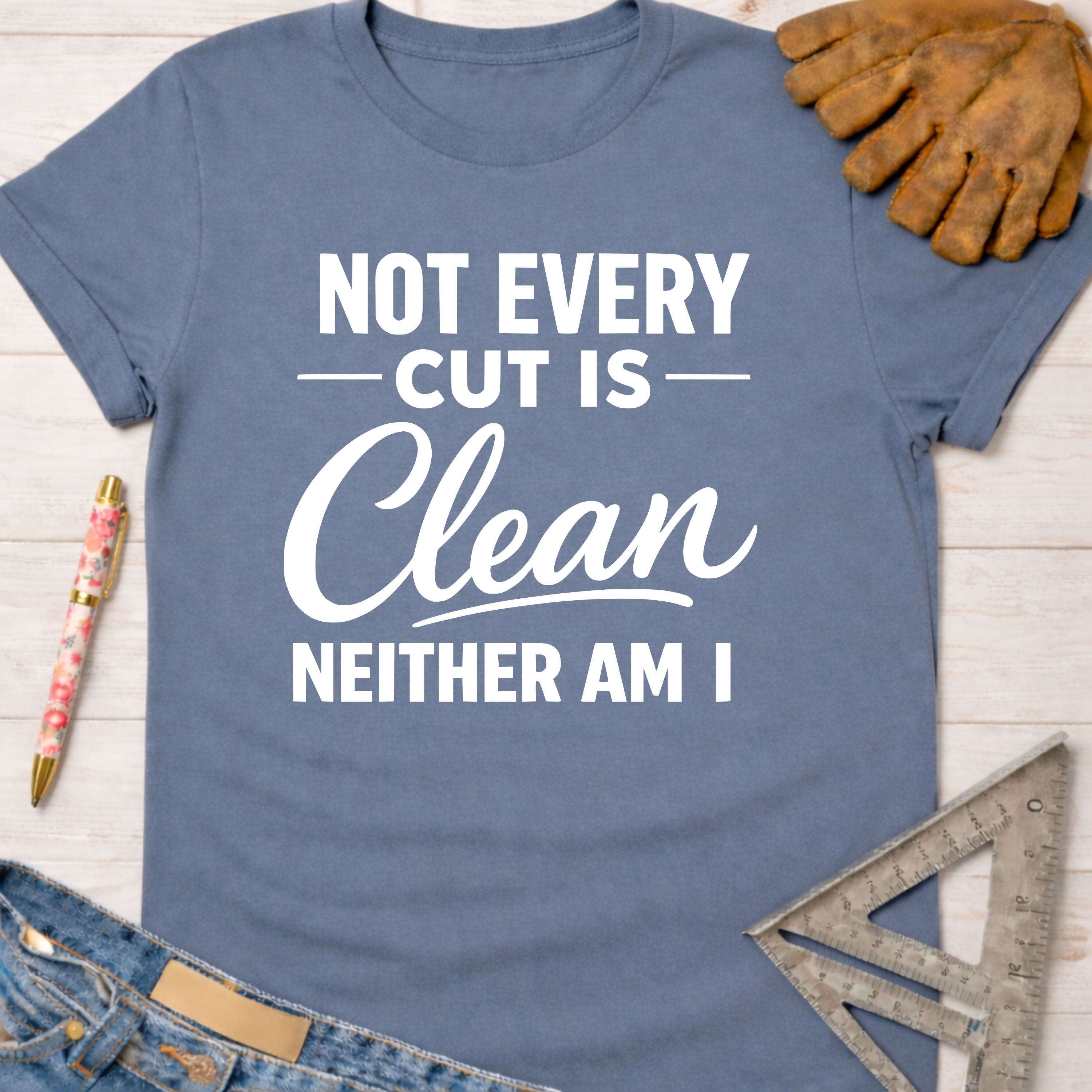 Women's funny woodworking graphic tee shirt for female woodworkers, makers, and DIY builders — Sawdust & Ponytails. Blue cotton t-shirt with "Not Every Cut Is Clean Neither Am I" in white text.