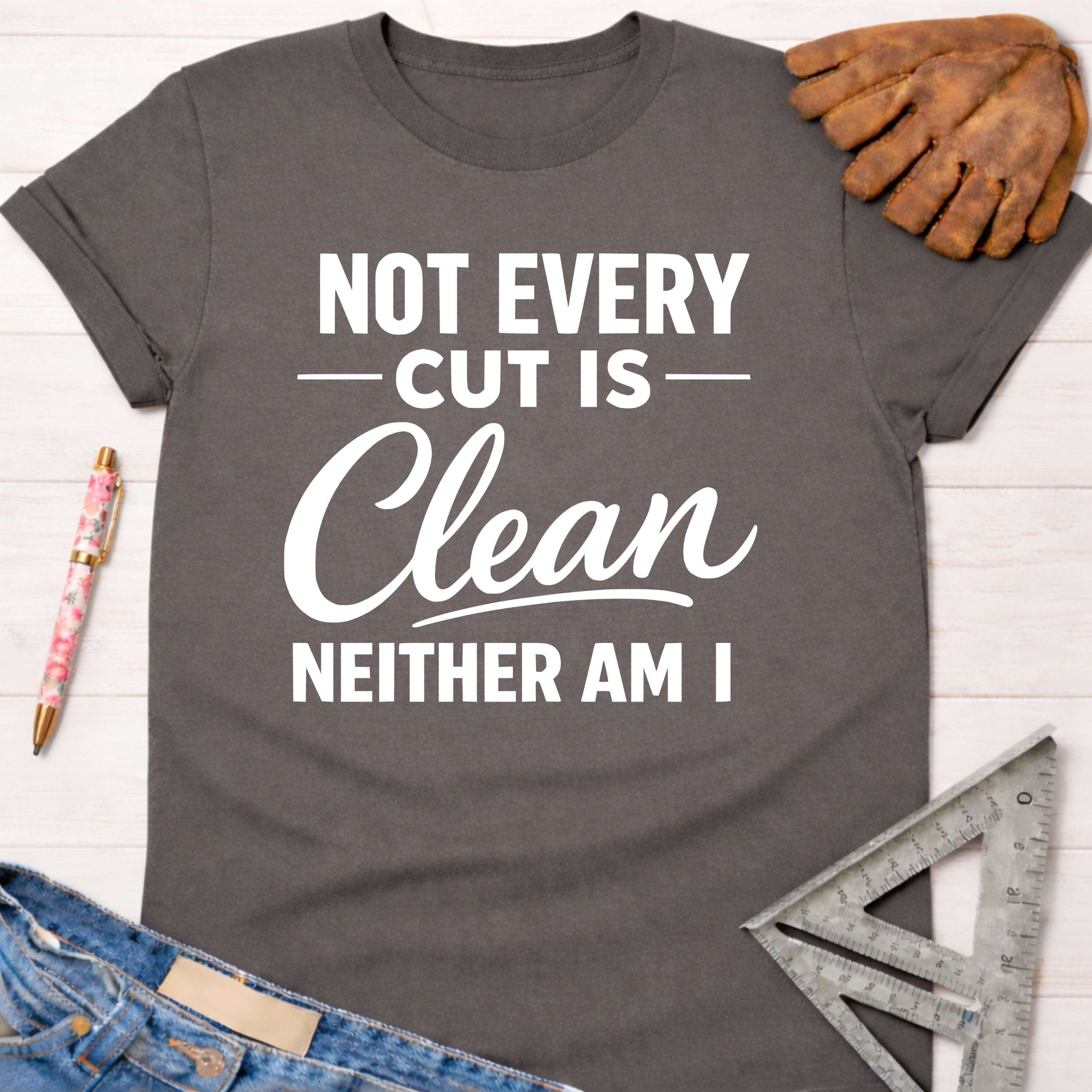 Women's funny woodworking graphic tee shirt for female woodworkers, makers, and DIY builders — Sawdust & Ponytails. Dark gray t-shirt with "Not Every Cut Is Clean Neither Am I" in white text.