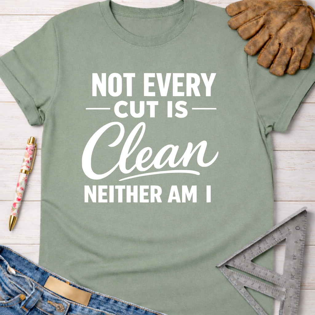 Women's funny woodworking graphic tee shirt for female woodworkers, makers, and DIY builders — Sawdust & Ponytails. Sage green cotton tee with "Not Every Cut Is Clean Neither Am I" in white text.