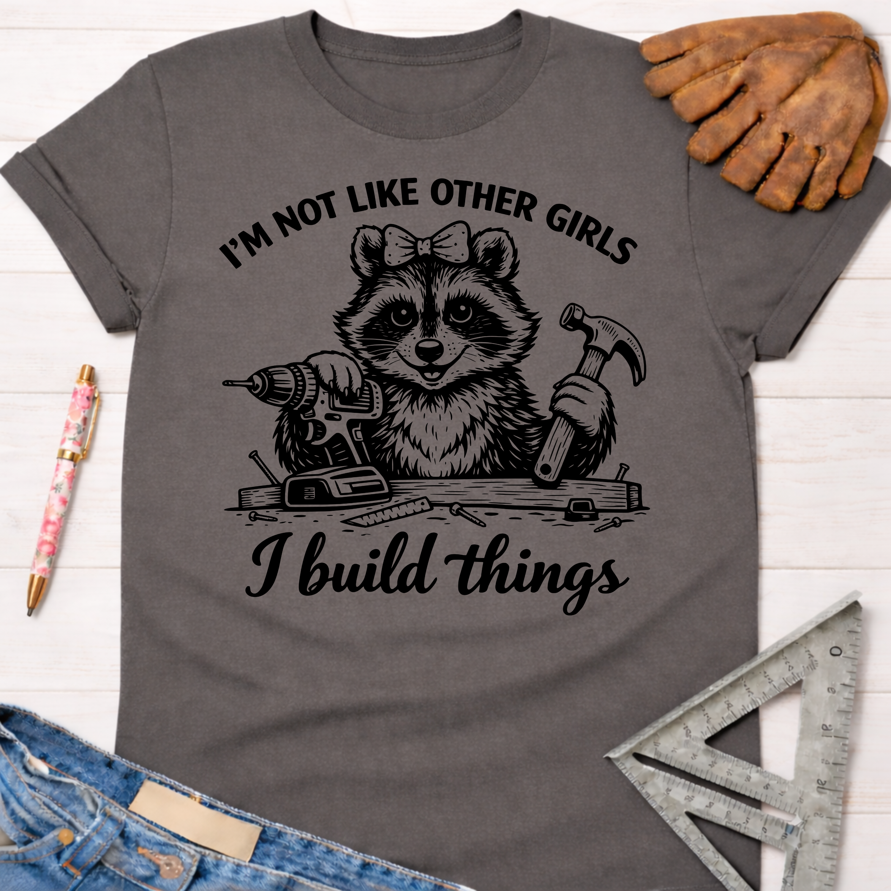 Women's funny woodworking graphic tee shirt for female woodworkers, makers, and DIY builders — Sawdust & Ponytails. Dark gray cotton t-shirt with a raccoon holding a drill and hammer, text "I'm not like other girls I build things".