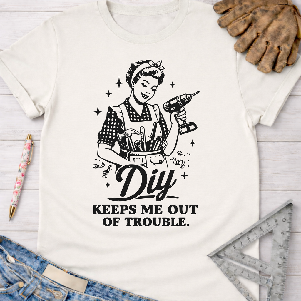 Women's funny woodworking graphic tee shirt for female woodworkers, makers, and DIY builders — Sawdust & Ponytails.
