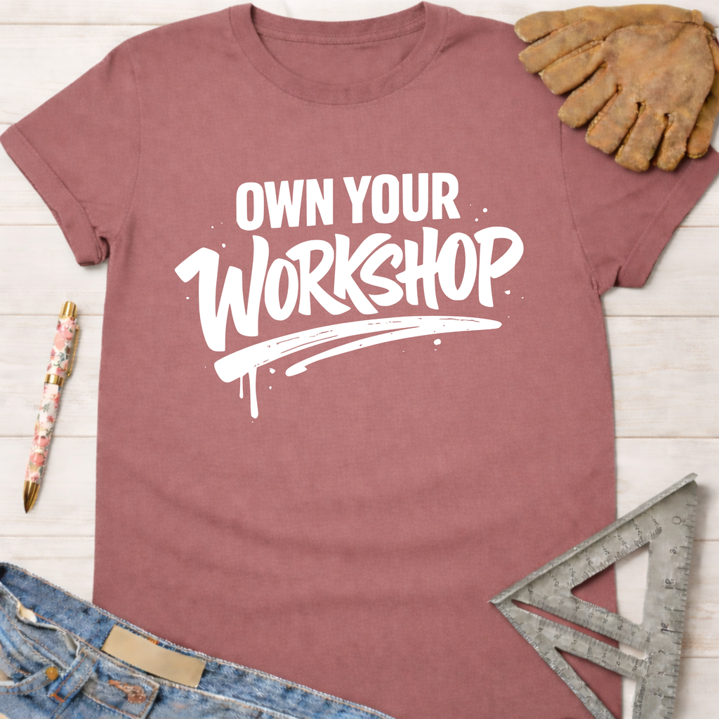 Women's funny woodworking graphic tee shirt for female woodworkers, makers, and DIY builders — Sawdust & Ponytails. Mauve cotton t-shirt with "Own Your Workshop" in white text.