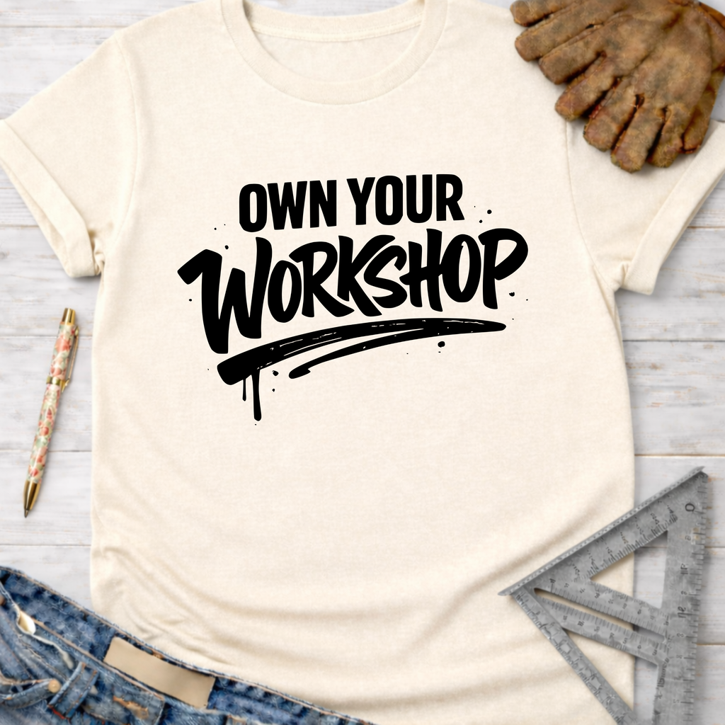 Women's funny woodworking graphic tee shirt for female woodworkers, makers, and DIY builders — Sawdust & Ponytails. Cream t-shirt with "Own Your Workshop" in black bold script.