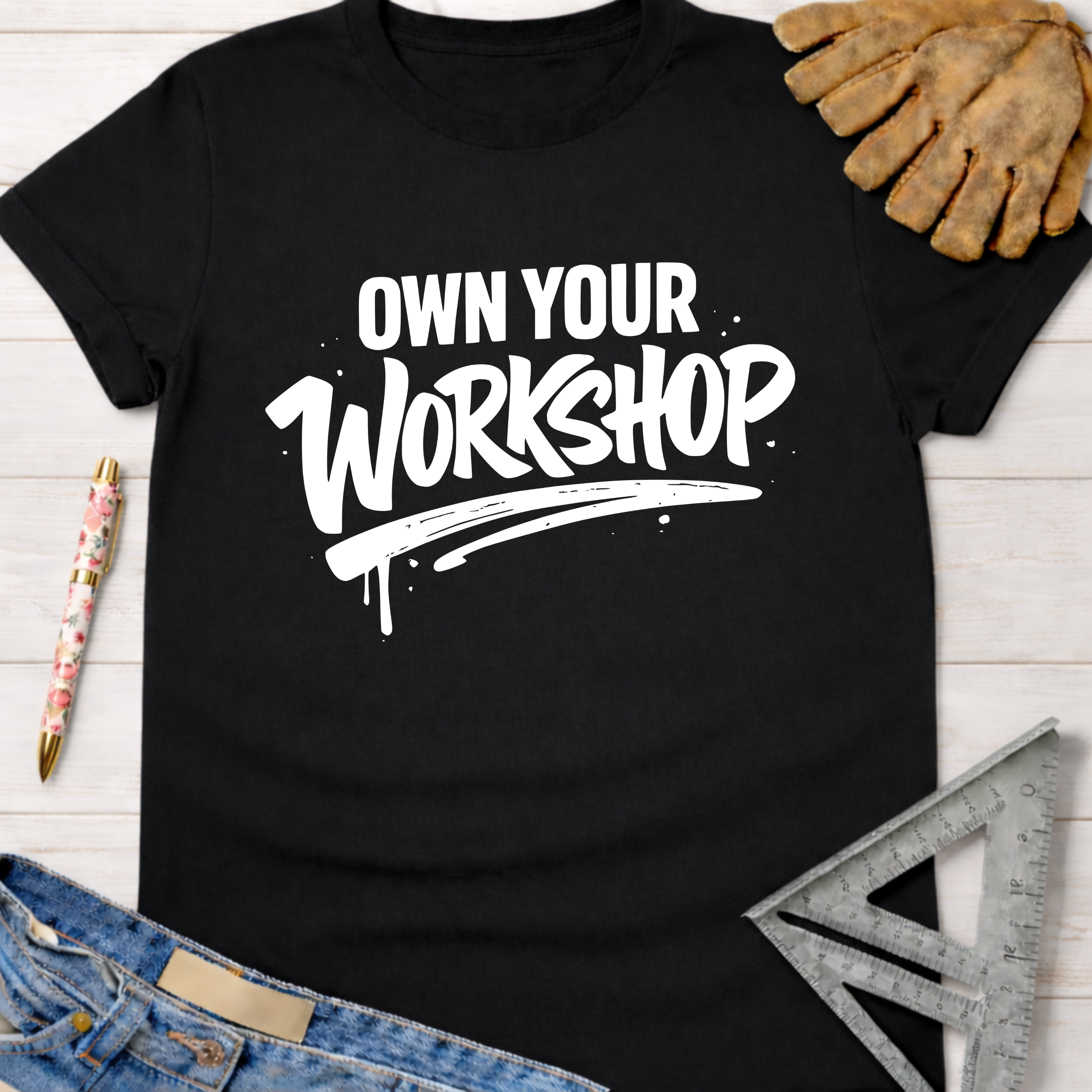 Black cotton "Own Your Workshop" graphic tee for women, with work gloves, jeans, and a ruler.