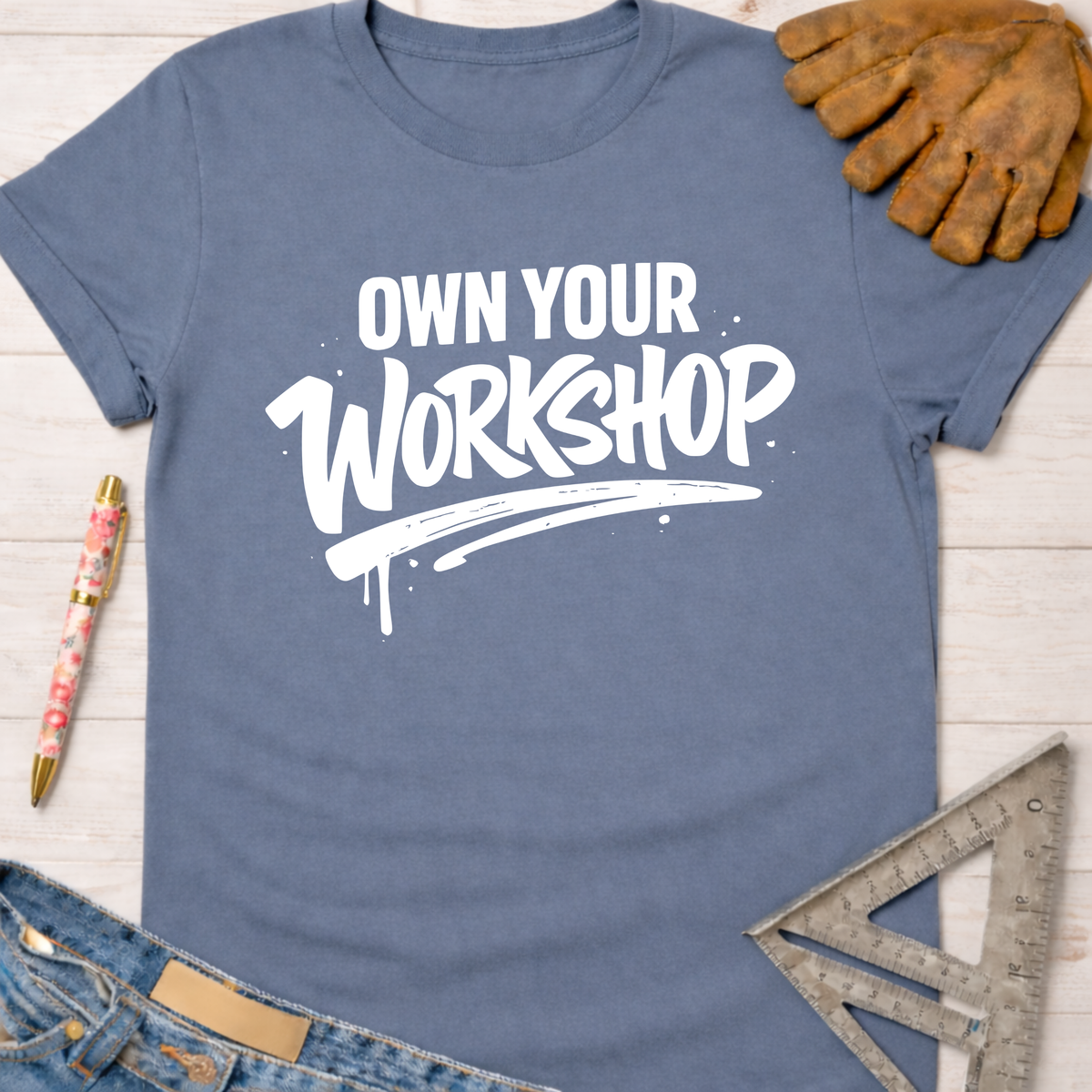 Women's funny woodworking graphic tee shirt for female woodworkers, makers, and DIY builders — Sawdust & Ponytails. Blue cotton tee with "Own Your Workshop" in white text.