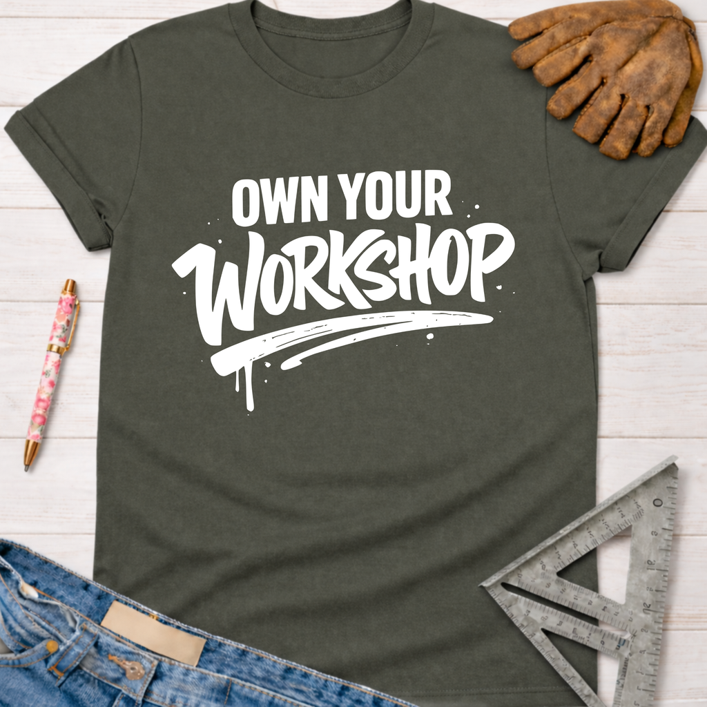 Women's funny woodworking graphic tee shirt for female woodworkers, makers, and DIY builders — Sawdust & Ponytails. Dark gray t-shirt with "Own Your Workshop" in white text.