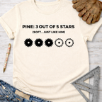Women's funny woodworking graphic tee shirt for female woodworkers, makers, and DIY builders — Sawdust & Ponytails. Cream cotton tee with "PINE: 3 OUT OF 5 STARS (SOFT...JUST LIKE HIM)" and three solid saw blades, two outlined.