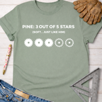 Sage green women's funny woodworking graphic tee with "PINE: 3 OUT OF 5 STARS (SOFT...JUST LIKE HIM)" and saw blade icons. Women's funny woodworking graphic tee shirt for female woodworkers, makers, and DIY builders — Sawdust & Ponytails