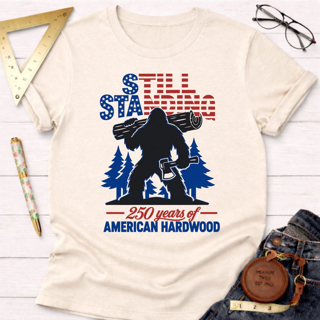 Patriotic Sasquatch T-shirt: cream tee with Bigfoot holding a log and axe, "Still Standing 250 years of American Hardwood" text.