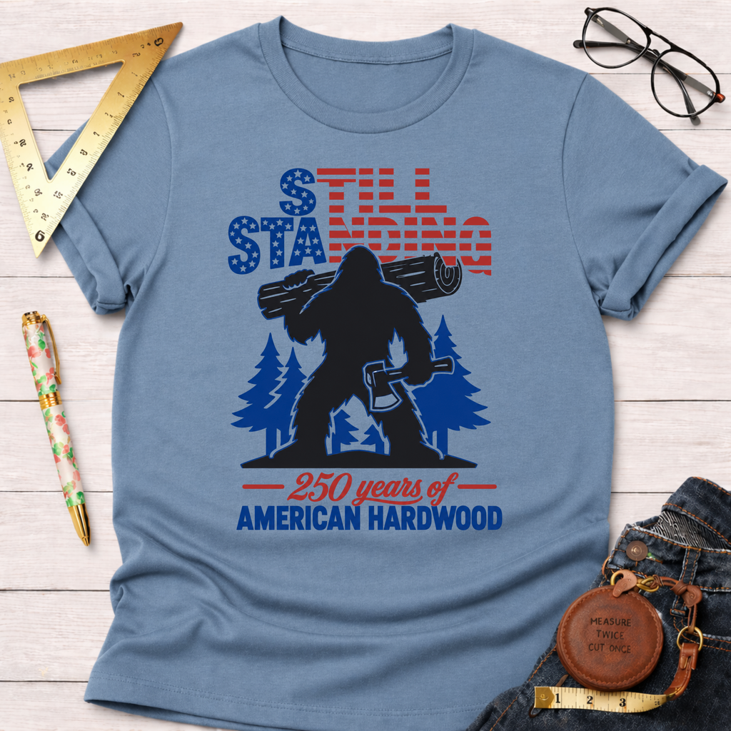 Light blue cotton t-shirt with a patriotic Sasquatch holding an axe and log, "Still Standing 250 years of American Hardwood" text.