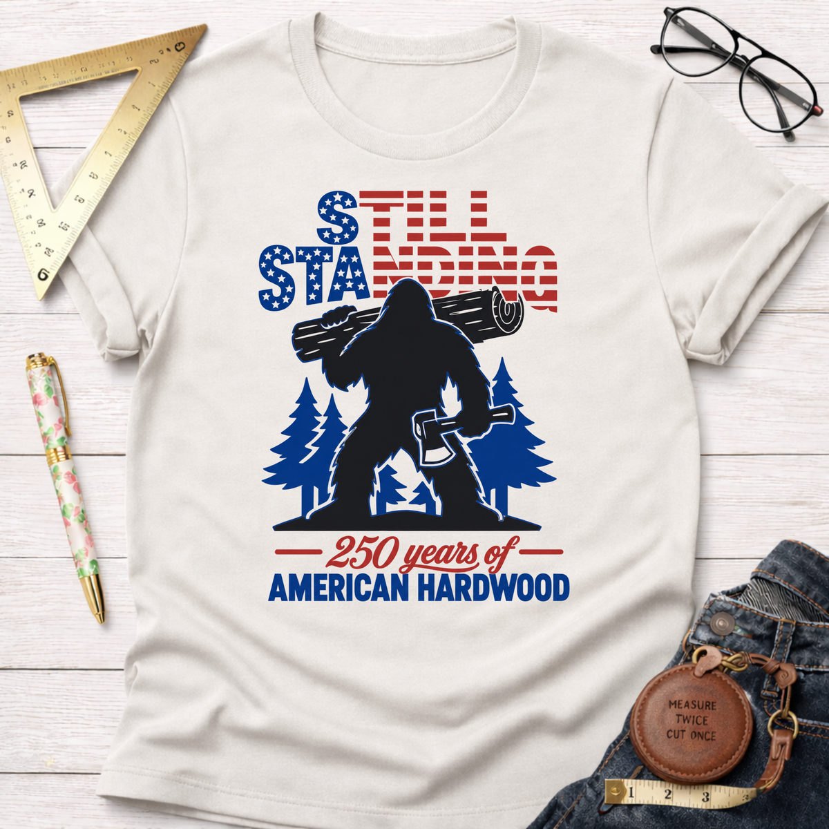 Patriotic Sasquatch t-shirt with "Still Standing" text, Bigfoot holding a log and axe, and "250 years of American Hardwood" text.