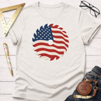 White 100% cotton t-shirt with a patriotic American flag saw blade graphic.