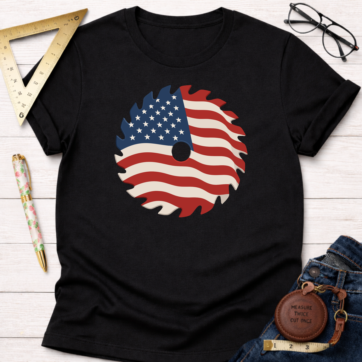 Black cotton t-shirt with a patriotic saw blade design featuring the American flag.