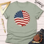 Light green cotton t-shirt with a patriotic saw blade graphic, styled with jeans, ruler, and glasses.