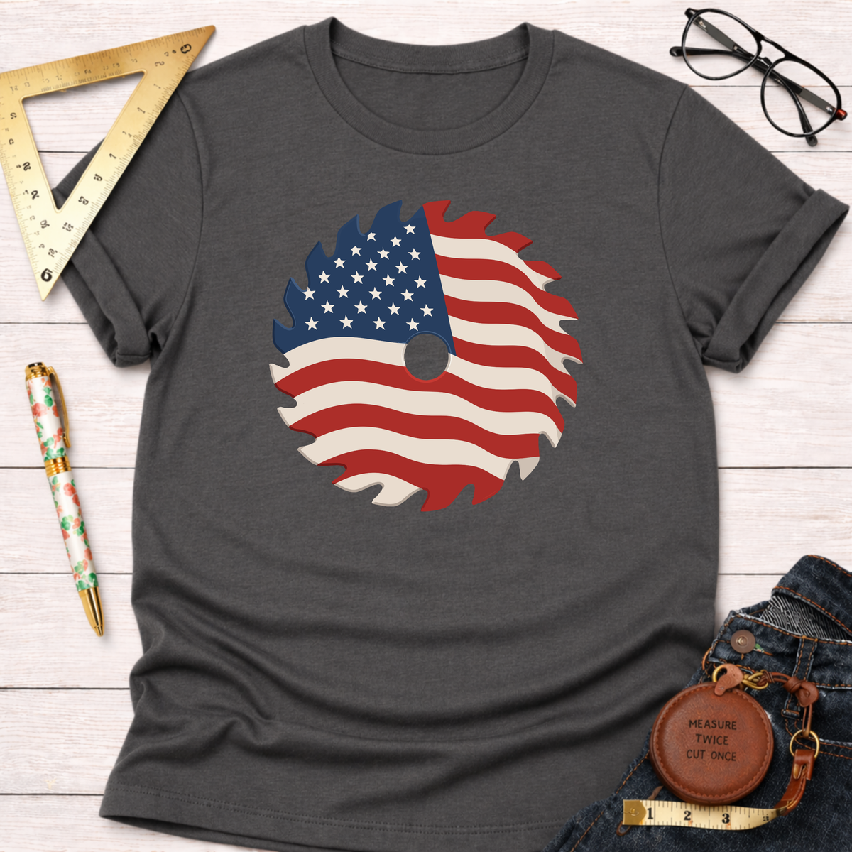 Dark gray cotton t-shirt with a patriotic saw blade design featuring the American flag.