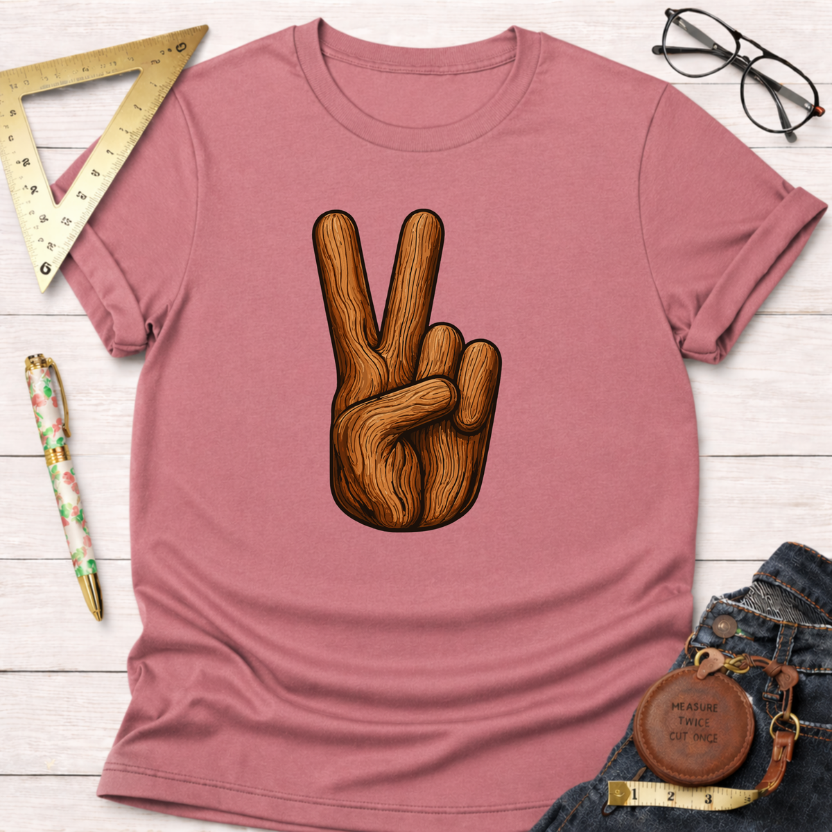 Pink "Peace Love & Wood" t-shirt with a wooden peace sign graphic, styled with jeans and tools.