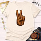 Cream t-shirt with a "Peace" sign hand made of wood grain, perfect for woodworkers.