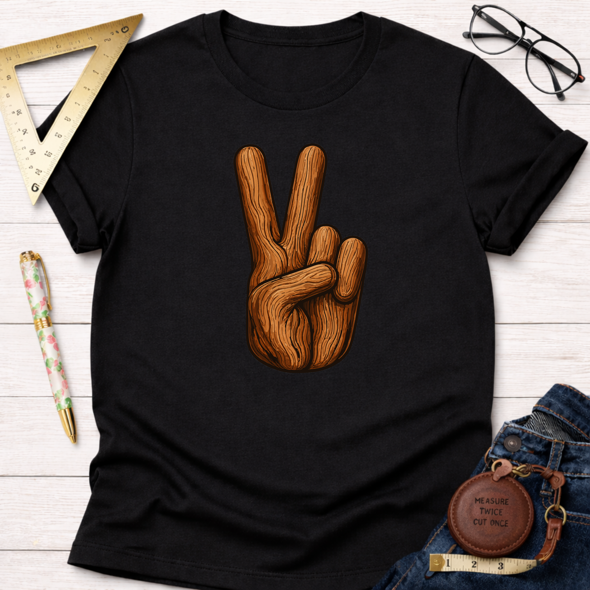 Black cotton t-shirt with a "Peace" hand sign made of wood grain, styled with jeans and tools.