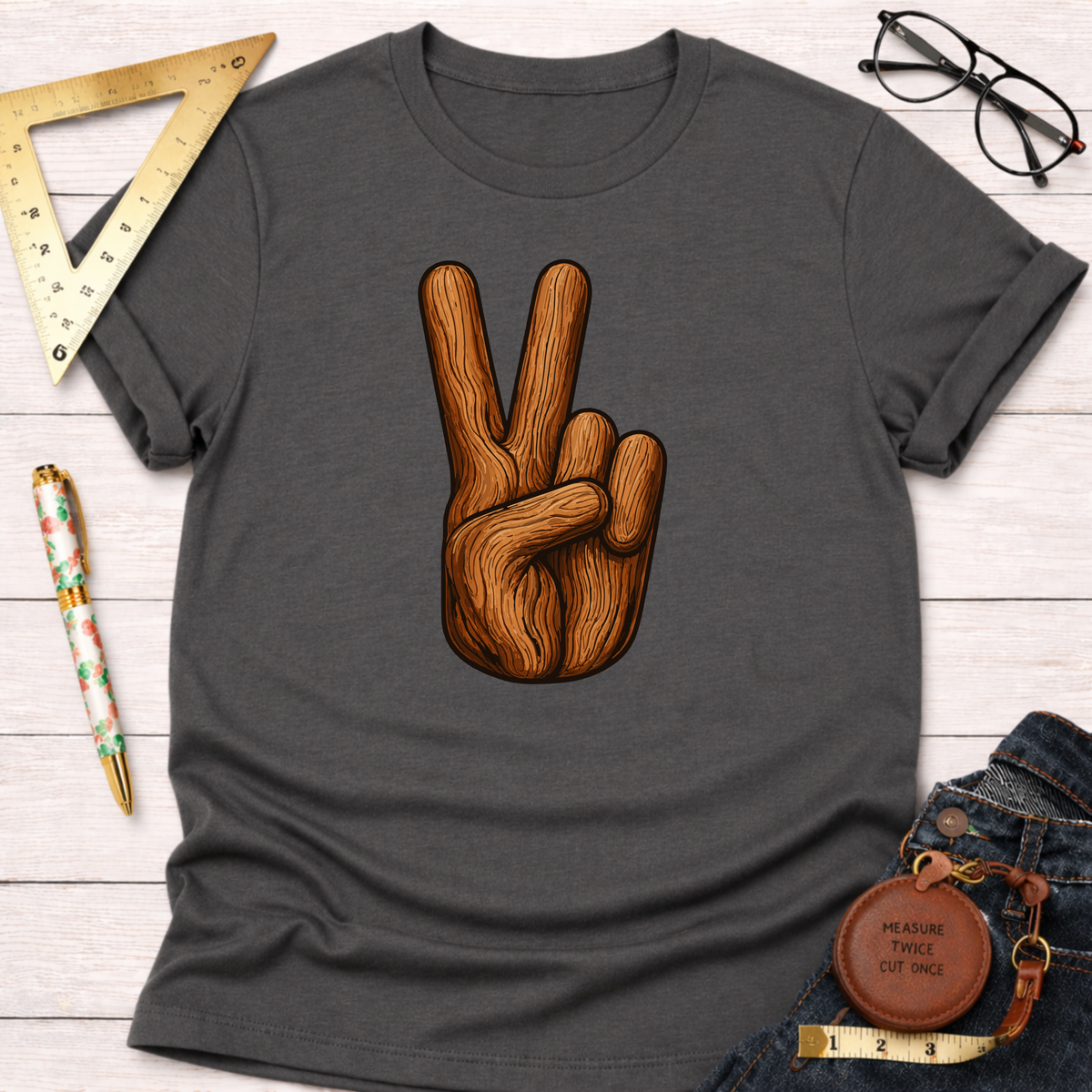 Charcoal gray t-shirt with a "Peace" sign hand graphic made of wood grain, styled for woodworkers.