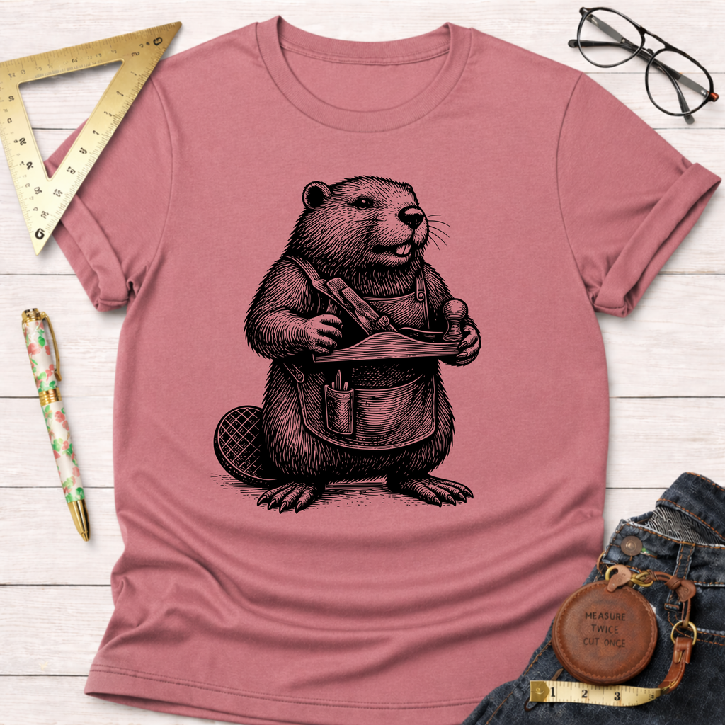 Dusty rose t-shirt with a black line art graphic of a beaver wearing an apron and holding a wood plane.