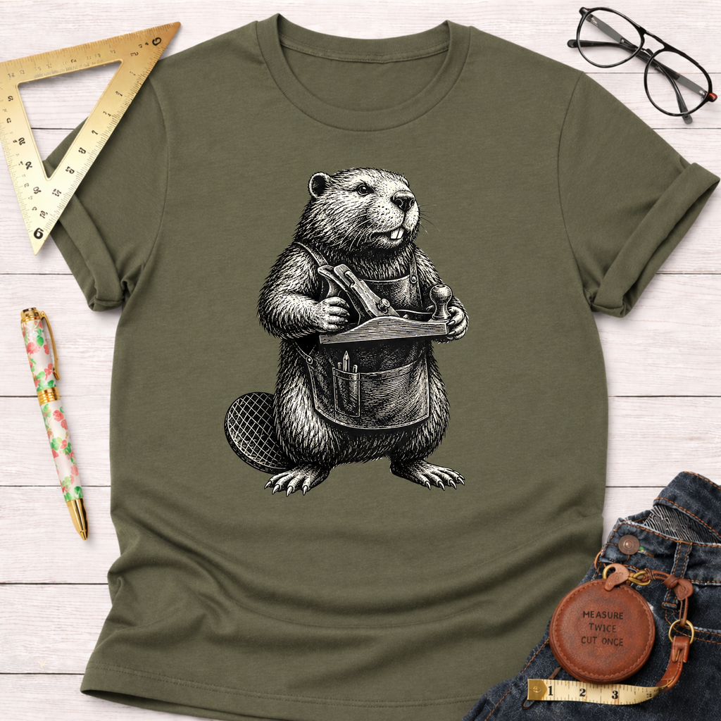 Olive green t-shirt with a black and white graphic of a beaver wearing an apron and holding a wood plane.