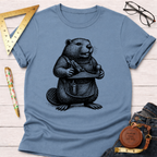 Blue short-sleeve t-shirt with a black graphic of a beaver wearing an apron and holding a wood plane.