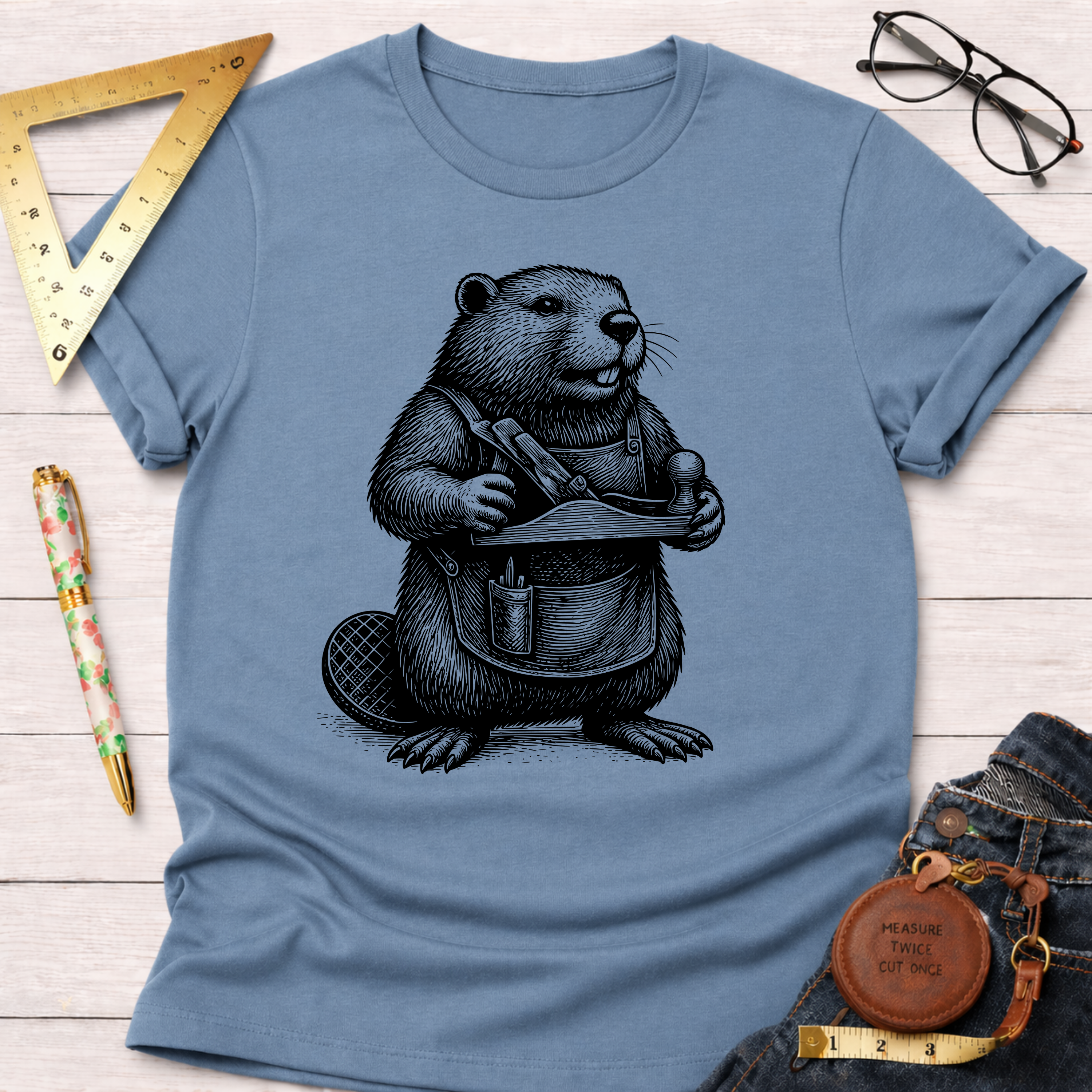 Blue short-sleeve t-shirt with a black graphic of a beaver wearing an apron and holding a wood plane.