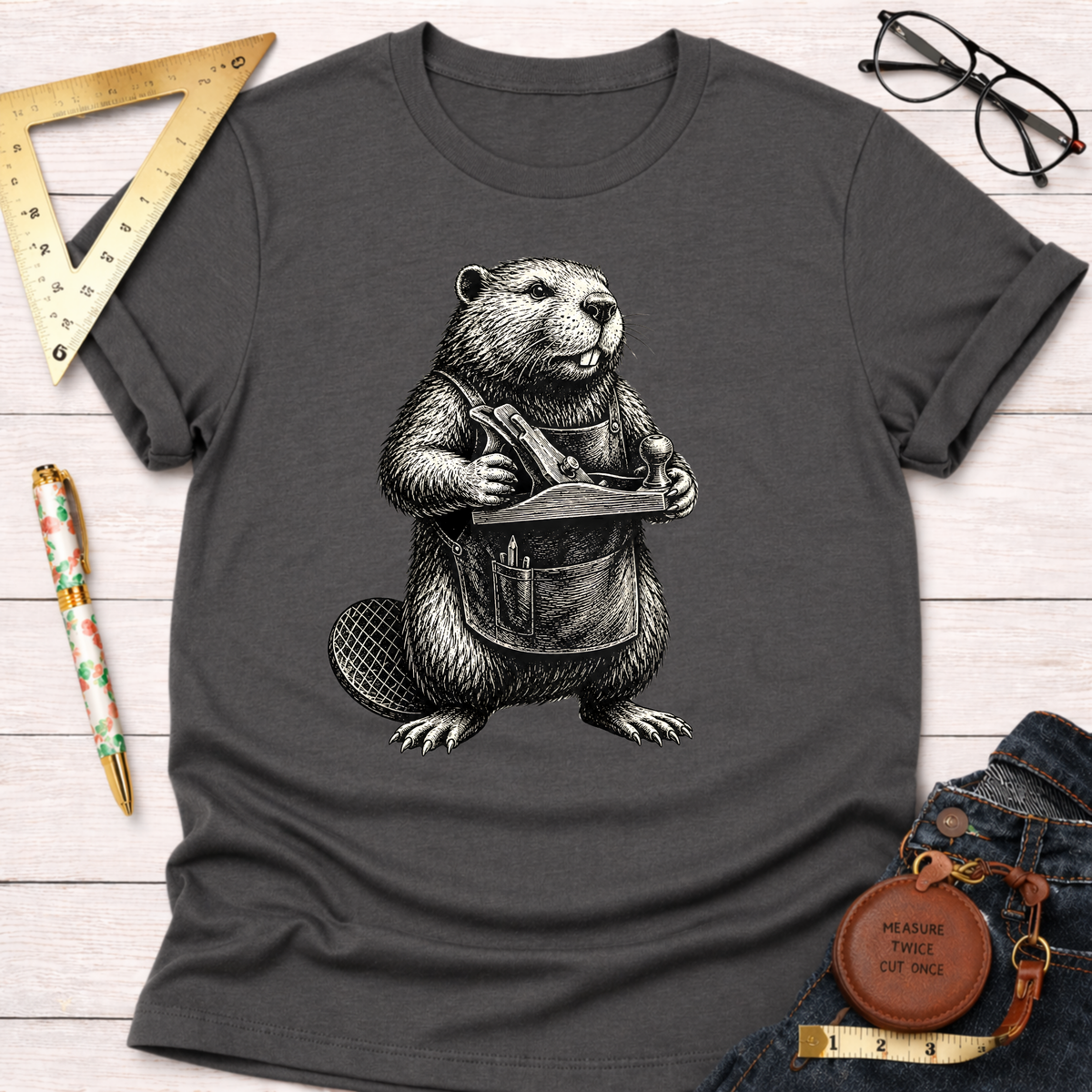 Charcoal gray t-shirt with a detailed graphic of a beaver wearing an apron and holding a wood plane.