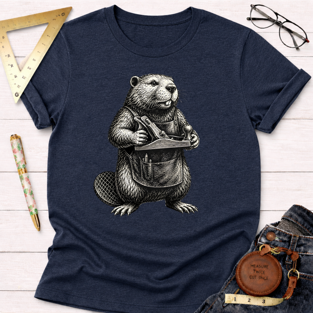 Navy blue heather t-shirt with a detailed graphic of a beaver wearing an apron and holding a woodworking plane.