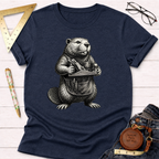 Navy blue heather t-shirt with a detailed graphic of a beaver wearing an apron and holding a woodworking plane.