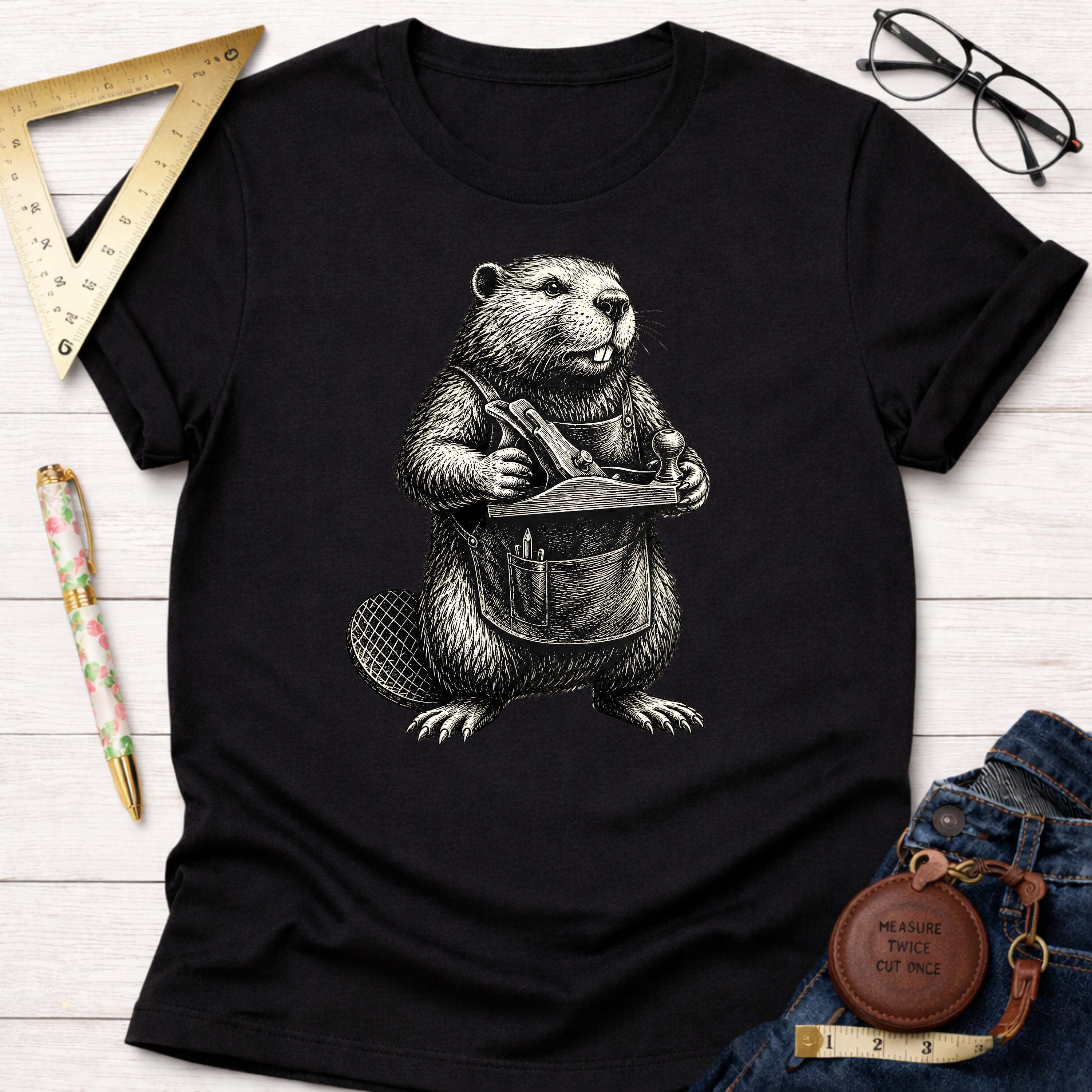 Black t-shirt with a detailed graphic of a beaver wearing an apron and holding a woodworking plane.