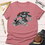 Heather dust pink t-shirt with a black and white woodpecker using a hand planer design.