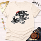 Cream cotton t-shirt with a black and white woodpecker with a red crest planing wood.