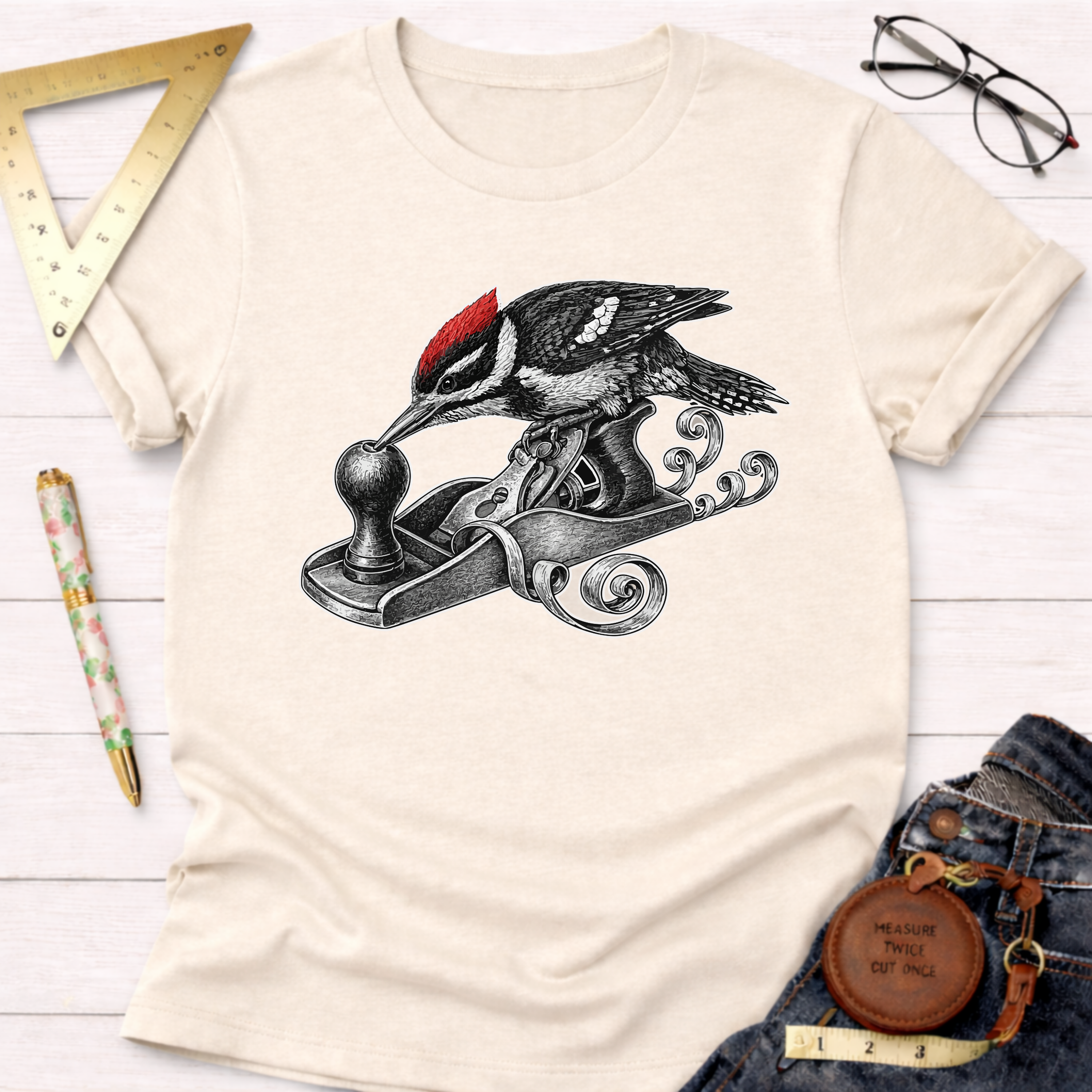 Cream cotton t-shirt with a black and white woodpecker with a red crest planing wood.