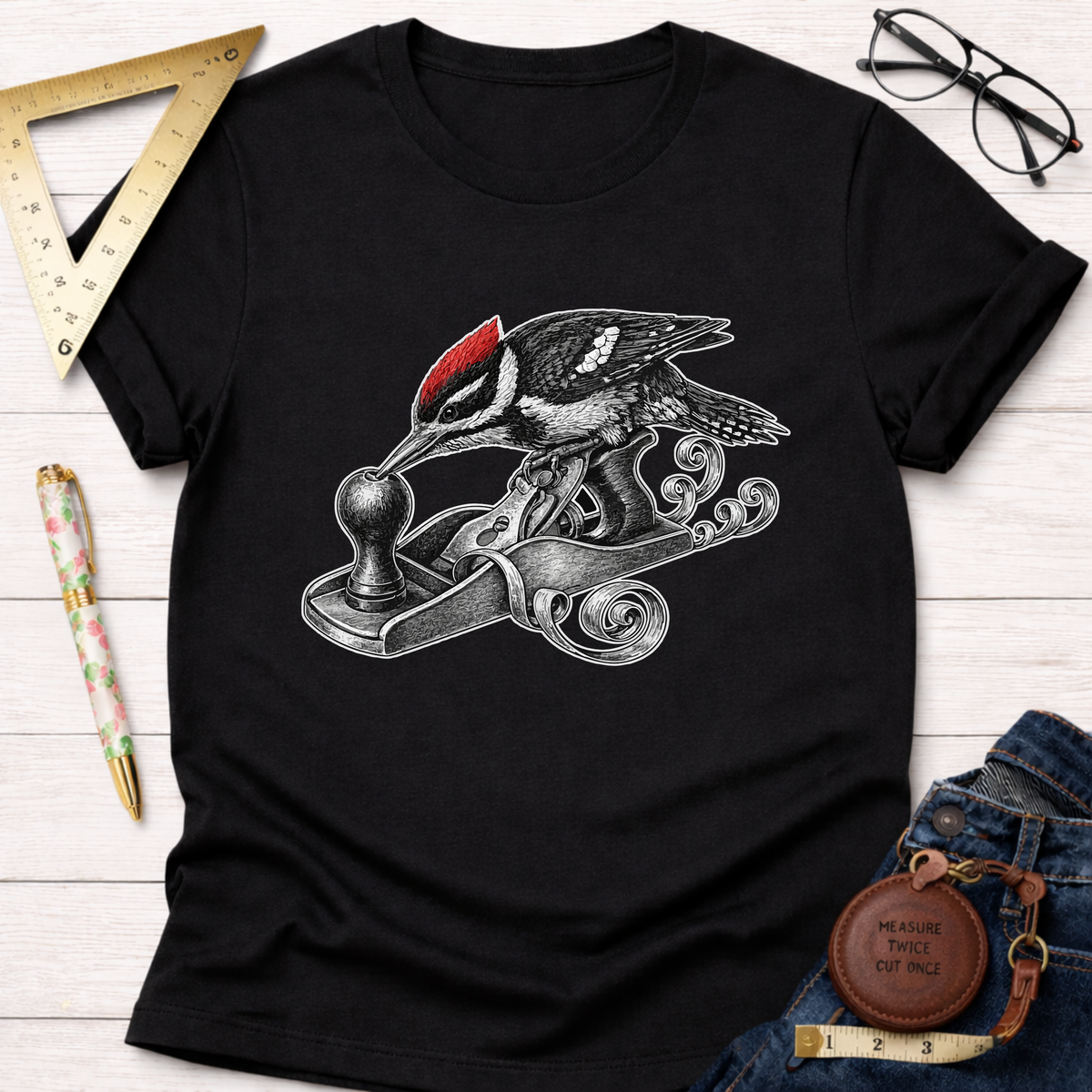Black cotton t-shirt with a detailed graphic of a woodpecker using a hand planer, surrounded by woodworking tools.