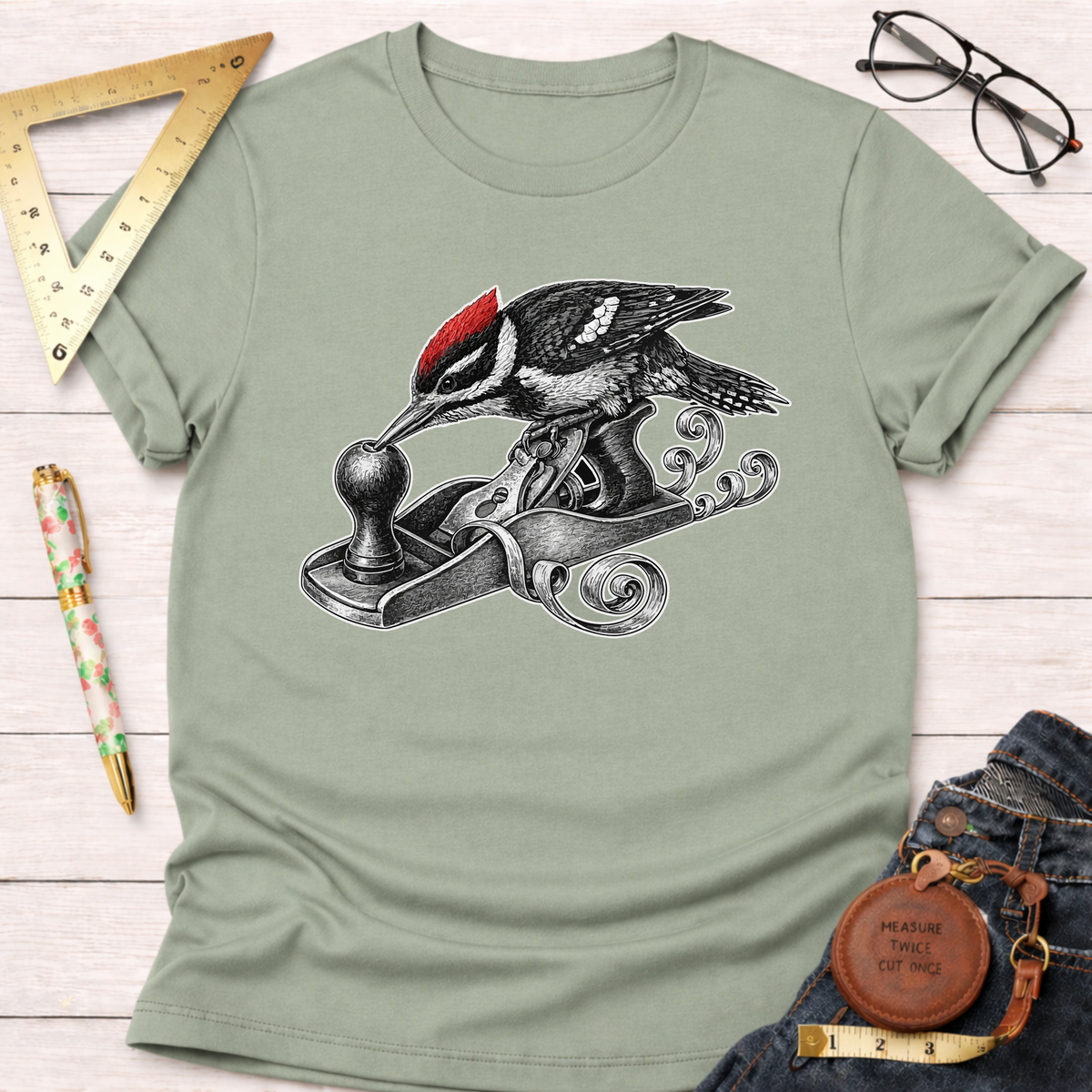 Sage green cotton t-shirt with a black and white woodpecker using a hand planer design.
