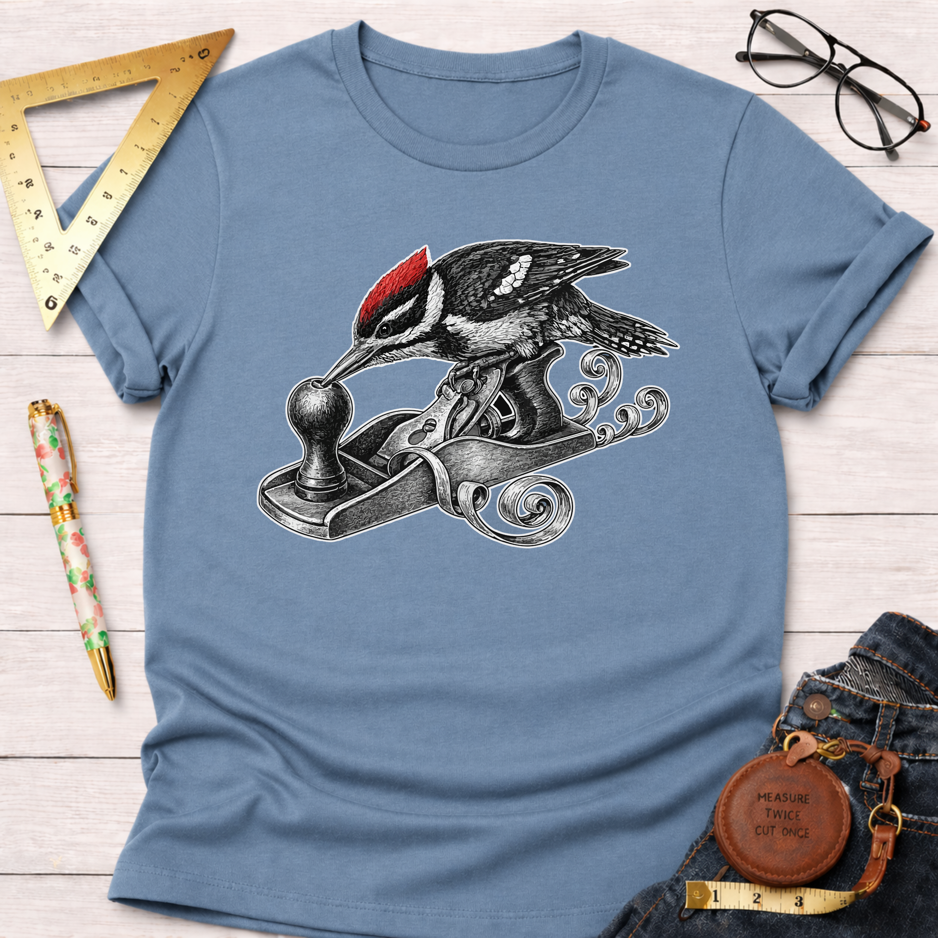 Blue cotton t-shirt with a woodpecker using a hand planer design, surrounded by woodworking tools.
