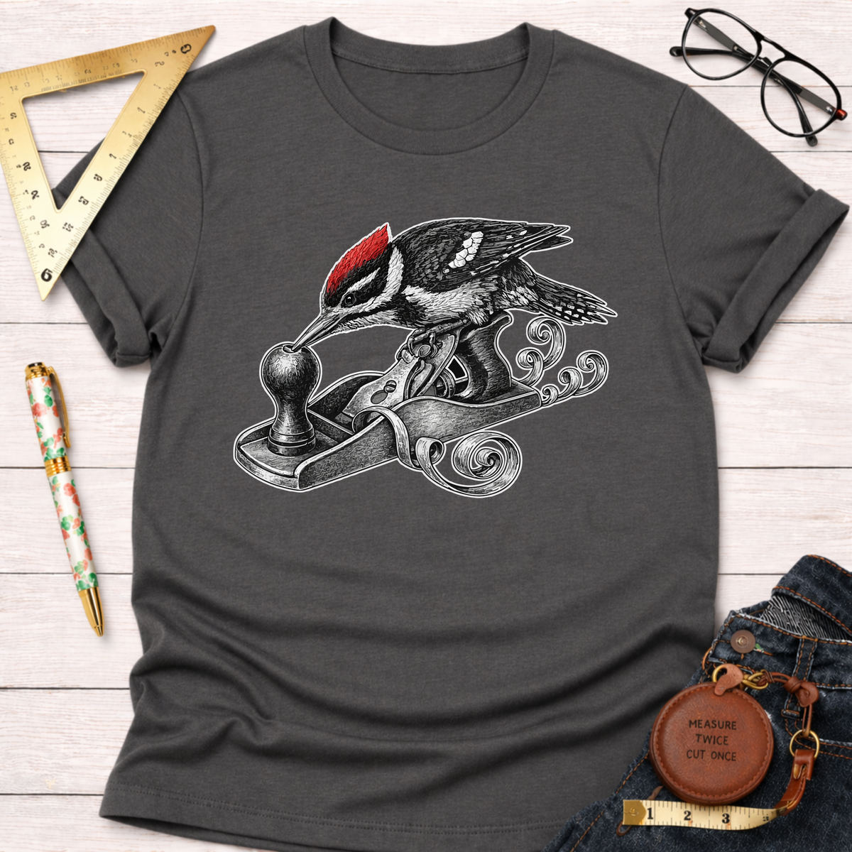 Charcoal gray cotton t-shirt with a woodpecker using a hand planer design, surrounded by woodworking tools.